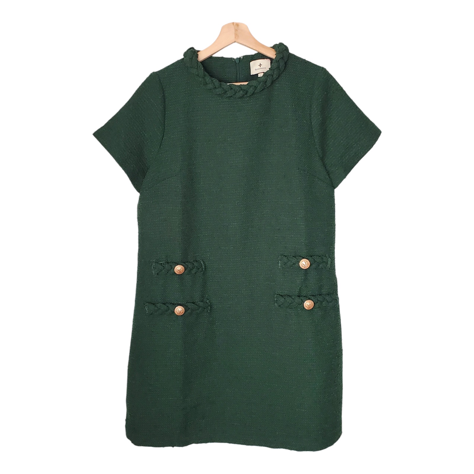 Tuckernuck Jackie Dress Hunter Green Tweed A-Line Shift Mini Braided Size Large